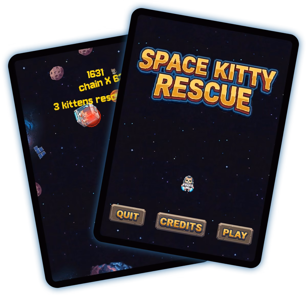 Space Kitty Rescue gameplay screens on two phones