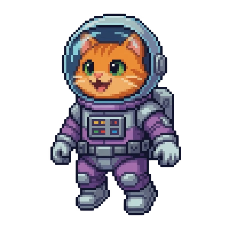 Space Kitty mascot in a pixel-art spacesuit